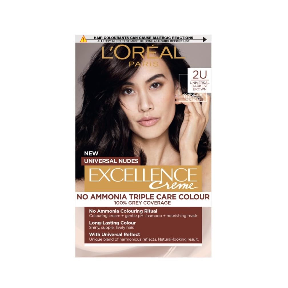 L'Oréal Paris Excellence Universal Nudes Hair Colour, Ammonia-Free, Micro-Keratine, Triple Care, 100% Grey Coverage, Radiance Boosting, 2U Universal Darkest Brown