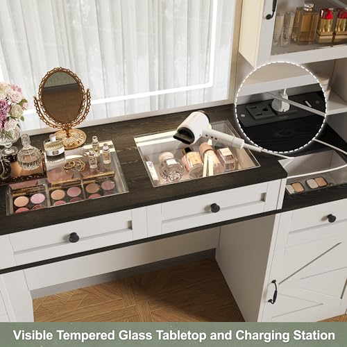Image of JIVOIT Farmhouse Vanity Desk with Mirror, 61.5 inch Makeup Vanity Table Set with Glass Visual Desktop and Cushion Stool, Dressing Table with 5 Drawers and 4 Cabinets for Room