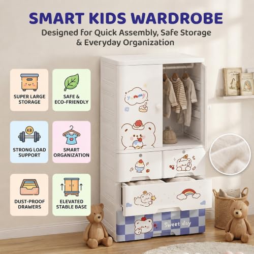 Image of StarAndDaisy Kids Wardrobe /Multifunctional Collapsible Plastic Wardrobe /Almirah for Kids- Storage Cabinet - Dustproof Baby /Wardrobe Organizer for Clothes, Toys -Cake Bear