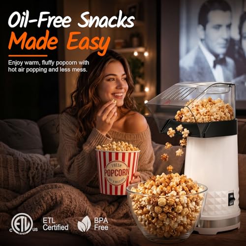Image of Hot Air Popcorn Popper, 1200W 4.5QT Popcorn Maker, Compact Popcorn Machine