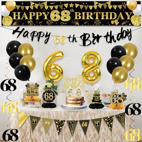 Image of 68th Birthday Decorations for Men, Black Gold 68th Party Decoration Kits | 27pcs Happy 68th Birthday Set, Banner, Honeycomb, Balloons, Gold Number, Candle, Hanging Swirls, Cake Topper, Party Supplies