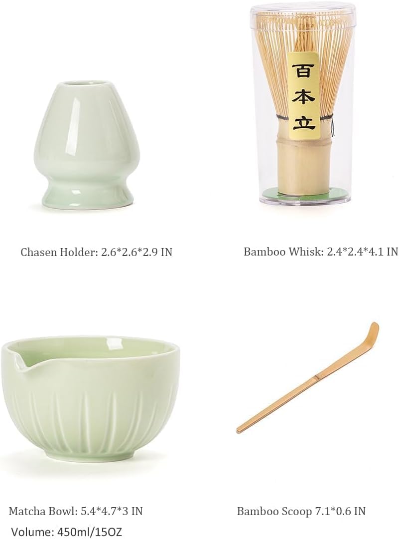 TANG PIN Matcha Set - Match Bowl and Whisk, 15 OZ, Matcha Scoop | Matcha Whisk Stand (Chasen Holder) - 4pc Perfect Matcha Kit for Matcha Tea Ceremony (): Green