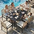 Rotihom 7-Piece Outdoor Dining Set for 6, Patio Dining Set with Hand-Woven Wicker Chairs & Cushions, 60" x 33" x 30" Wider Aluminum Woodgrain Table for Deck, Garden, Backyard