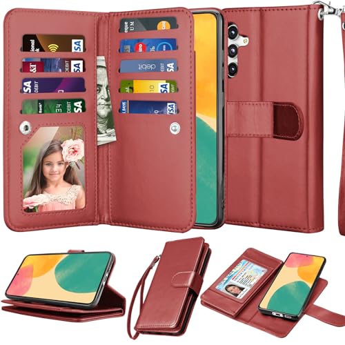 NJJEX Wallet Case for Samsung Galaxy S23 FE 5G, for Samsung S23 FE 5G Case, [9 Card Slots] PU Leather ID Credit Card Holder Folio Flip [Detachable] Kickstand Magnetic Phone Cover & Lanyard [Wine Red]