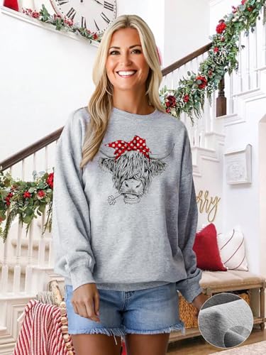 Women Highland Cow Sweatshirt Cute Cowgirl Gift Christmas Farm Sweatshirt Ribbon Long Sleeve Shirts