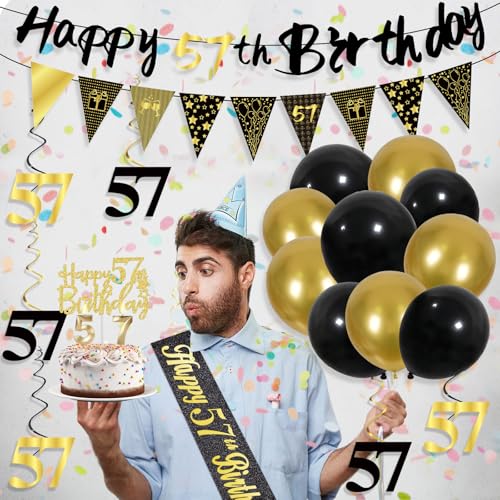 Image of 57th Birthday Decorations for Men, Black Gold 57th Party Decoration Kits | 27pcs Happy 57th Birthday Set, Banner, Honeycomb, Balloons, Gold Number, Candle, Hanging Swirls, Cake Topper, Party Supplies