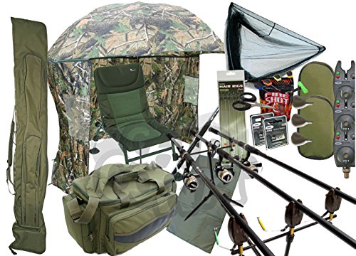 NGT Carp fishing Set Up 3 Rods Reels With Rodholdall Carryall Shelter Chair & Tackle
