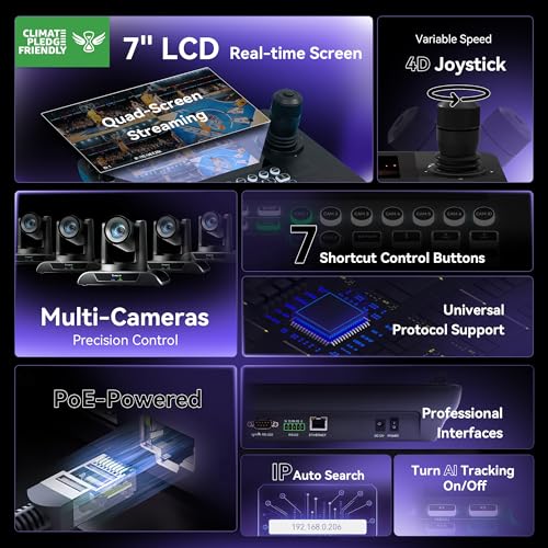 Image of Tenveo NDI PTZ Camera Joystick Controller, 7'' LCD Quad-Screen Real-time Preview, 4D Joystick Controller, NDI License Included, Support NDI PoE VISCA Pelco-D /P For Church Worship Live Event Streaming