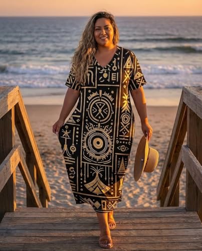 Image of Plus Size Maxi Dress for Women Short Sleeve V Neck Casual Loose Sundress with Pockets