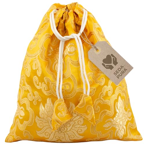 Avanda bolsa/estuche para cuencos tibetanos hasta Ø 15 cm, seda pura de Nepal, cordón práctico, artesanía tradicional, amarillo-dorado