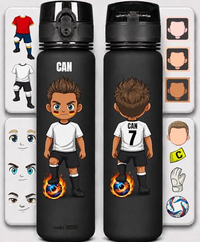 noki Personalisierte Trinkflasche Kinder Fußball – Avatar mit Name & Rückennummer – Geschenk Fußball-WM 2026 (Schwarz, 650ml)