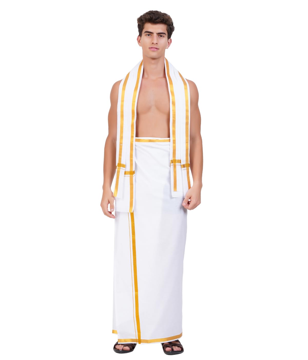 Men’s Readymade White Dhoti with Gold Zari Border, Velcro & Pocket | 100% Cotton | Fits Waist Size 28–40 | Sacred Traditions Collection-image-48