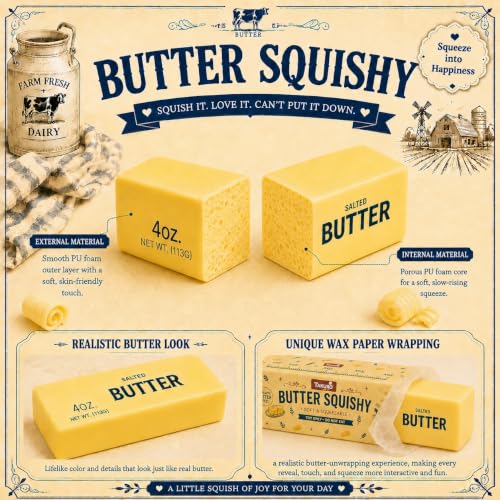 Image of 4PCS Butter Squishy - Slow Rising Butter Squishy Toy, Realistic Food Fidget Toys for Adults, Soft PU Material, Sensory Anxiety Relief & Focus Aid, Portable 5.5 Inch Squishy Butter for Office & Home