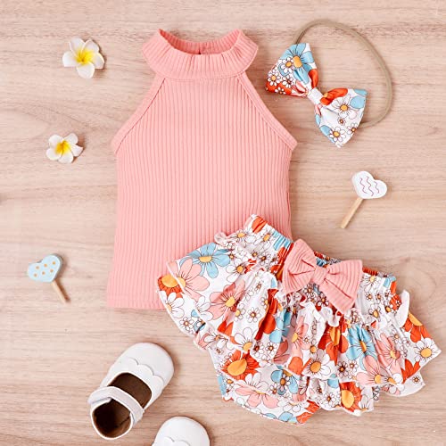 Conjunto de camiseta e calça para adolescentes sem mangas com renda canelada e shorts florais para a
