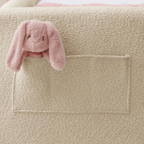 Image of KEIKI Twin Size Upholstered Platform Bed Frame with Guardrail, Slats, Camel | Boucle Platform Bed with Cute Rabbit Ear Shaped Headboard, Pocket, for Boys and Girls, No Box Spring Required, Easy Assembly