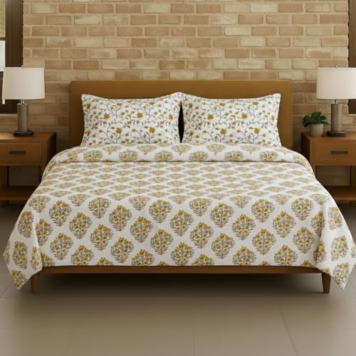 Image of Trance Home Linen Jaipuri Design 180TC 100% Cotton King Size Printed Bedsheet | Bedding Set of King Size Flat Bed Cover with 2 Pillow Covers (108x108 inch | 9ft x 9ft - Madhuban Yellow)