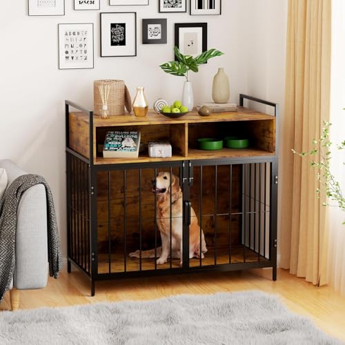 Hundekäfig Möbel, Hundebox für Zuhause, Hundekiste für Hunde, Hölzerne Hundezwinger mit Schublade, 2 Türen, Moderne Hundehütte Holz Indoor für Große Hunde, Hundekäfig für Zuhause, 100x52x93 cm, Braun