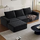 LNRLZYLS Modulares Ecksofa aus Breitcord, 3-Sitzer Couch L-Form mit Hocker, Hochbelastbarer Schaumstoffkern ohne Federn, Montagefrei, Atmungsaktiv & Hautfreundlich, Schwarz