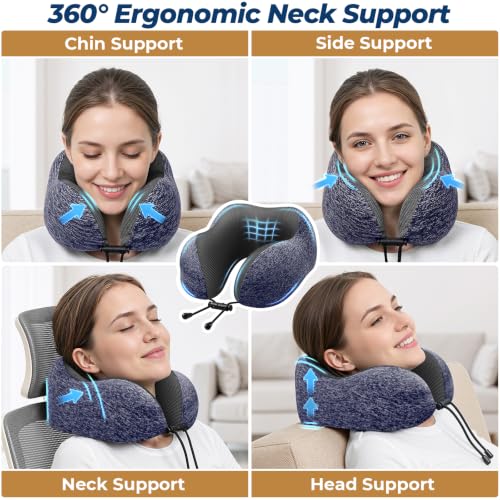 Image of ExploreBliss Travel Pillow, Neck Pillow Airplane, Mottled Blue | Travel Pillows for Airplanes, Neck Pillow Airplane, Memory Foam Neck Pillow Set with Eye Mask, Earplugs