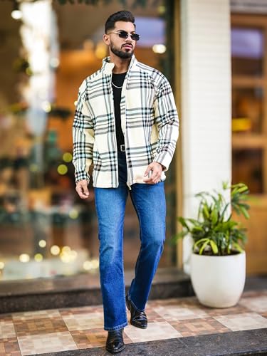 Image of Maniac Mens Checkered Full Zipper Fullsleeve Polyester Blend Fleece Shacket for Men