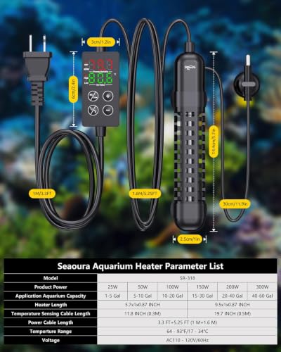 Image of SEAOURA Small Aquarium Heater, 100W Fish Tank Heater for 10-20 Gallon, Submersible Turtle Heater with Digital Display Adjustable Safety Protection, Auto Power-Off When Leaving Water