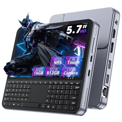 Image of Mini PC 5.7 inch Touchscreen Handheld Computer, N95 up to 3.4GHz, 16GB RAM 512GB SSD, Win 11, Backlit Keyboard, WiFi6 BT5.2, Dual Type-C, HDMI 2.1 DP, Small Portable PC