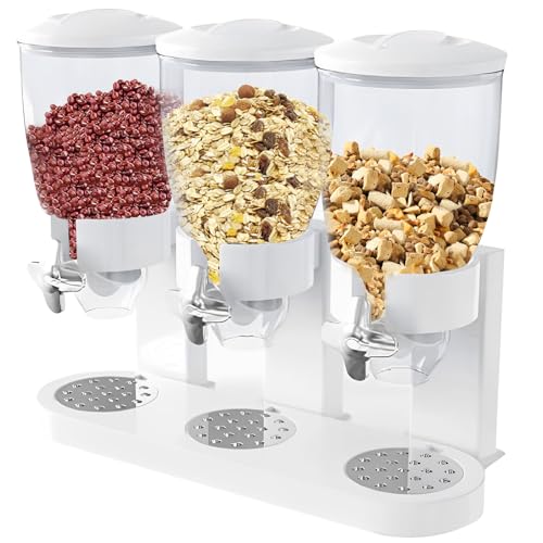 TUAKIMCE Triple Canister Cereal Dispenser - Dry Food Cereal Dispenser for Storage Preserving Dispensing Rice Nuts Granola - Plastic Candy Dispensers for Home and Kitchen - White