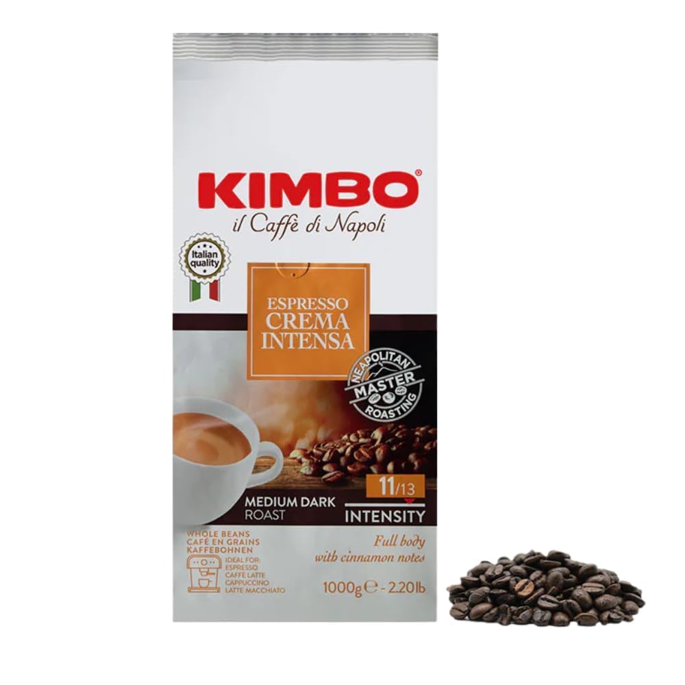 Kimbo Crema Intensa - 2 kg Caffè in Grani, 2 Confezioni da 1 kg, Intensità 11/13, Tostatura Medio-Scura, Note Speziate, Miscela Corposa, Ideale per Macchine Superautomatiche ed Espresso