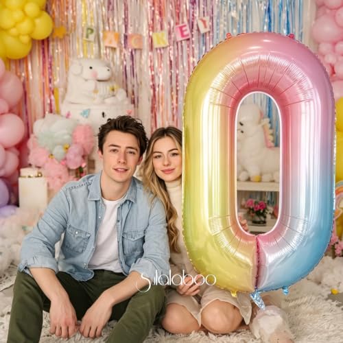Image of Rainbow Gradient Number 0 Balloon 40 Inch Big Large Balloons 0-9 | 0th Helium Foil Mylar Number Balloons for Birthday Anniversary Party Decorations
