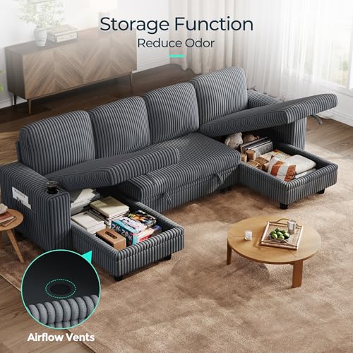 Image of LINSY HOME Sectional Sofa with Pull Out Bed, 4 Seats Corduroy Reversible Sleeper Sofa with Storage Seats, USB Ports, Cup Holders, Side Pocket, U Shape Sectional Couches for Living Room, Gray
