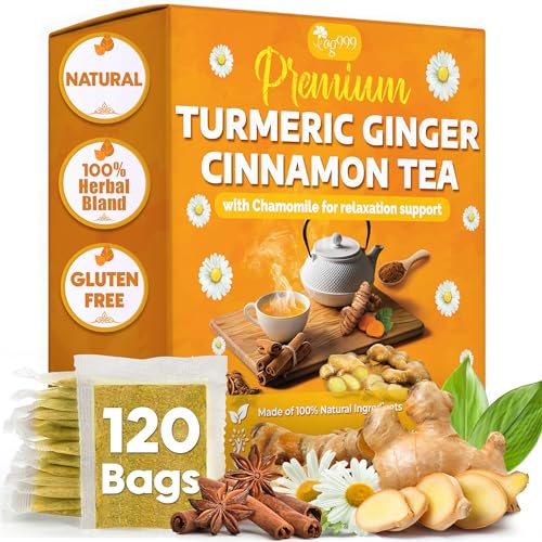 Image of TOG999, Turmeric Ginger Cinnamon Tea Bags | 120 Count | Herbal Blend with Turmeric, Ginger, Cinnamon Stick & Chamomile Flowers for Relaxation | Naturally Flavorful, Caffeine-Free | Packed in Paper Box