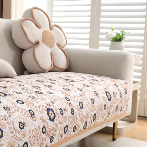 Image of HOKIPO 'HomeHues Series' Printed Quilted Sofa Cover Mat for 2 Seater Sofa, Light Peach Candytuft (IN-807-D6*1)