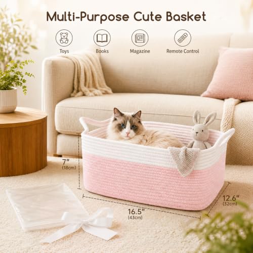 Image of OIASKET Large Empty Cotton Rope Gift Basket with Handles, 16.5 inchx12.6 inchx7 inch Decorative Woven Storage Basket with Gift Bag and Ribbon Set for Baby Shower, Toy Organizer for Kids, Dogs & Cats - Pink&White