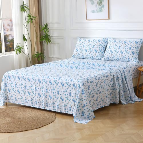 Image of Viviland Floral Full Sheet Set - 4 Piece Country Fresh Blue Flower Patterned Bed Sheets - Soft, Breathable Microfiber Sheets with Deep Pocket, Non-Slip Fitted Sheets & Pillowcases