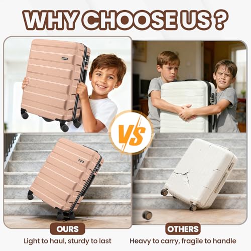Image of Hoteel Luggage Sets 3 Piece, 4-Year Warranty, Carry-On Luggage with Dual-Spinner Wheels, ABS Hard Shell Suitcase with TSA Locks, 20 Inch Lightweight Luggages for Travel, Light PinK(20IN /DB /TB)