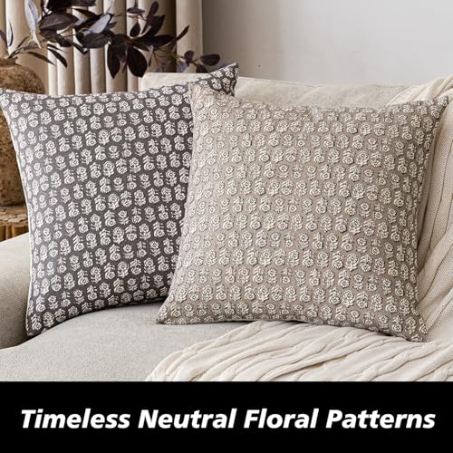 Image of Foindtower Set of 2 Decorative Vintage Floral Print Throw Pillow Covers Neutral Modern Farmhouse Cushion Covers Boho Home Decor for Sofa Couch Chair Bedroom Living Room,24x24 Inch,Rustic Gray
