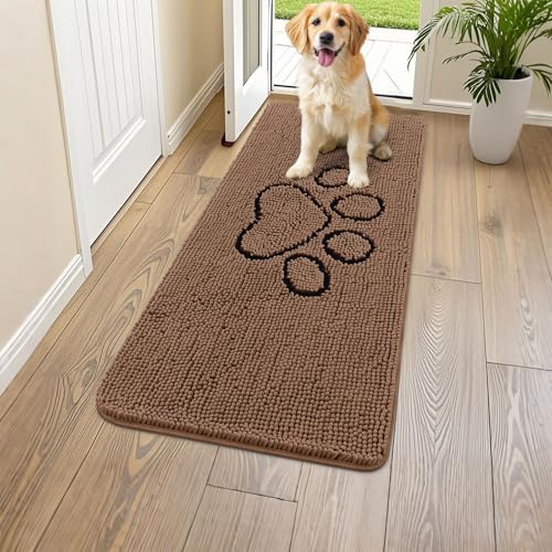 Image of Smiry Dog Door Mat for Muddy Paws, Absorbent Dirt Trapper Non Slip Quick Dry Washable Chenille Mat for Mud Dogs, Entry Rug for Indoor and Outdoor (47x24 Inches, Coffee and Black)