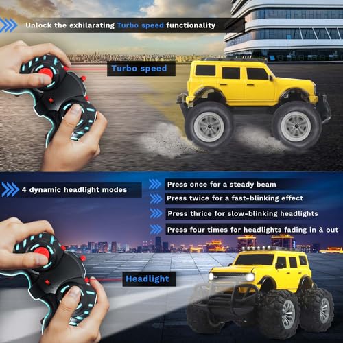 Image of Popsugar Off Roader Rechargeable Remote Control Monster Truck with 2 Speeds and 4 Headlight Modes | Lithium Battery | C-Type Charging | Remote Control Car for Kids | Made in India, Yellow