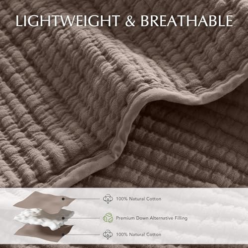 Image of EVERGRACEHOME Cotton Coverlet Set Full Queen Size 3 Pieces, Lightweight Soft Ribbed Matelasse Bedspread Quilt Set, Cozy Oversized Quilted Bedding Set with 2 Pillow Shams for All Seasons, Mocha Brown