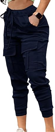 HOPYOP Womens Cargo Pants,Athletic Elastic Waist Baggy Cargo Pants for Women with Pockets XX-Large Navy Blue