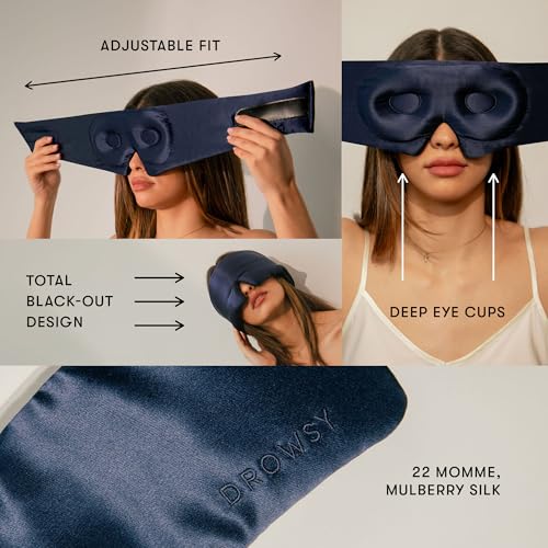 DROWSY Eyelash Protecting Silk Sleep Mask for Natural Lashes & Extensions. Deep Eye Cups, Zero Pressure, Total Blackout, Full Wraparound (Midnight Blue) - Image 5