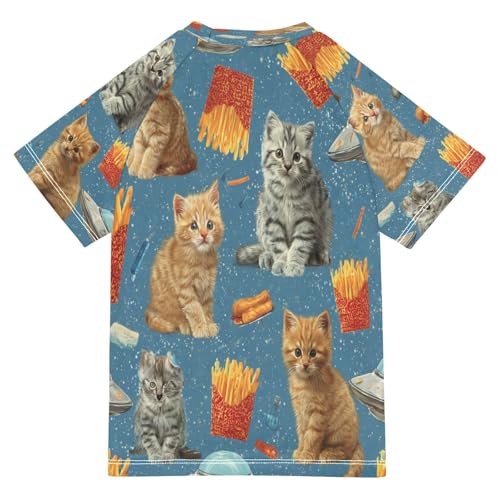 Boys Short Sleeve T-Shirts Cats French Fries Blue Rashguard Kids Swim Shirts Sun UPF 50+2