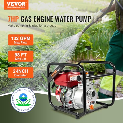 Image of VEVOR Gasoline Powered Clarified Water Pump, 2 in /50 mm, 7HP 132GPM 4-Stroke Gasoline Engine Water Transfer Pump with 25 ft /7.62 m Outlet Hose Max 98 ft Lift 26ft Suction, Cast Iron Impeller