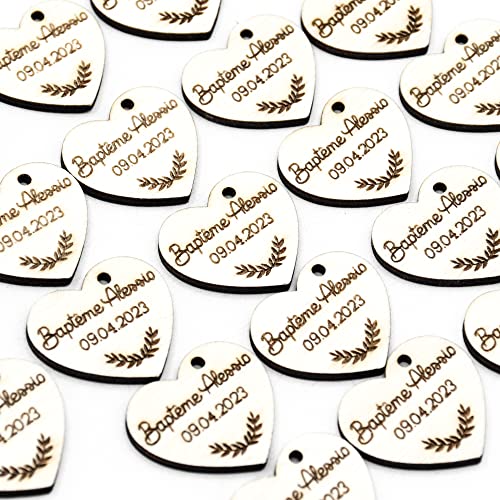 Lot de 25 coeurs en bois avec texte personnalisé, décorations de table avec prénoms, date, et motif, mariage champêtre, souvenir invités, événement