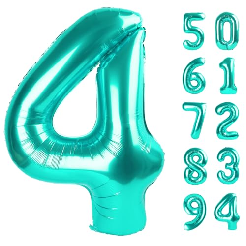 Image of Teal Blue 4 Balloon, Number Balloons 40 Inch, 4th Birthday Decorations Four Large Numbers for Party Decor, Number 4 Balloon