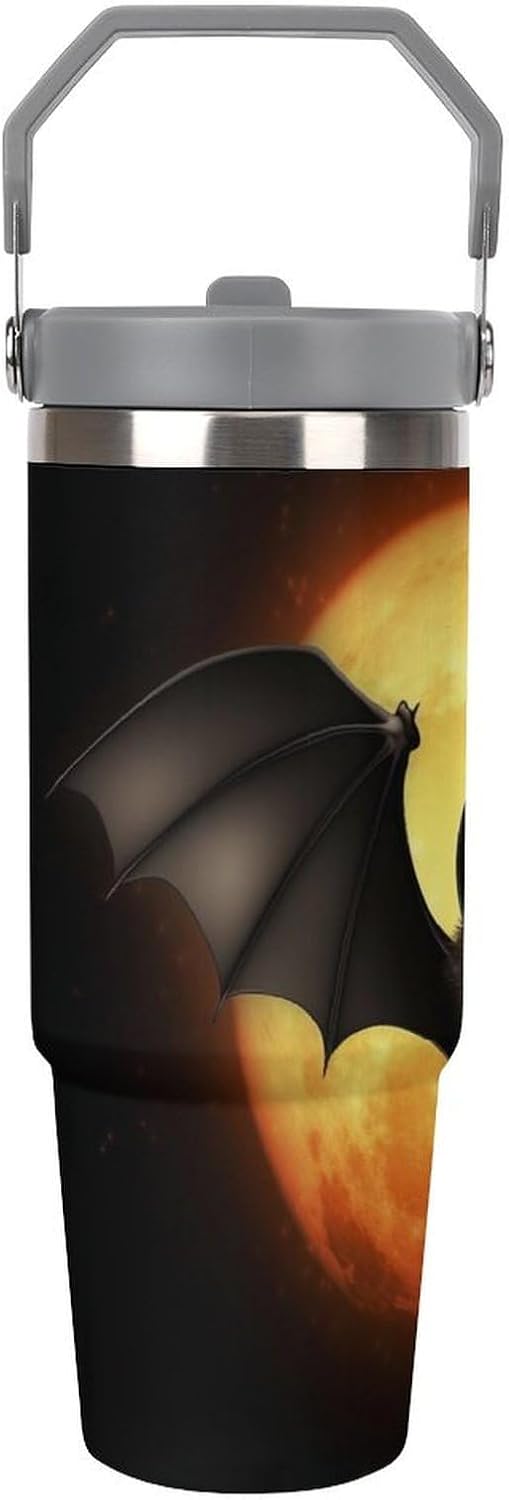 30oz Insulated Tumblers with Top Handle, Stainless Steel Halloween Bat Car Cup with Straw for Gift, Leak-Proof Double Wall Vacuum Travel Mug, Personalized Water Bottles White