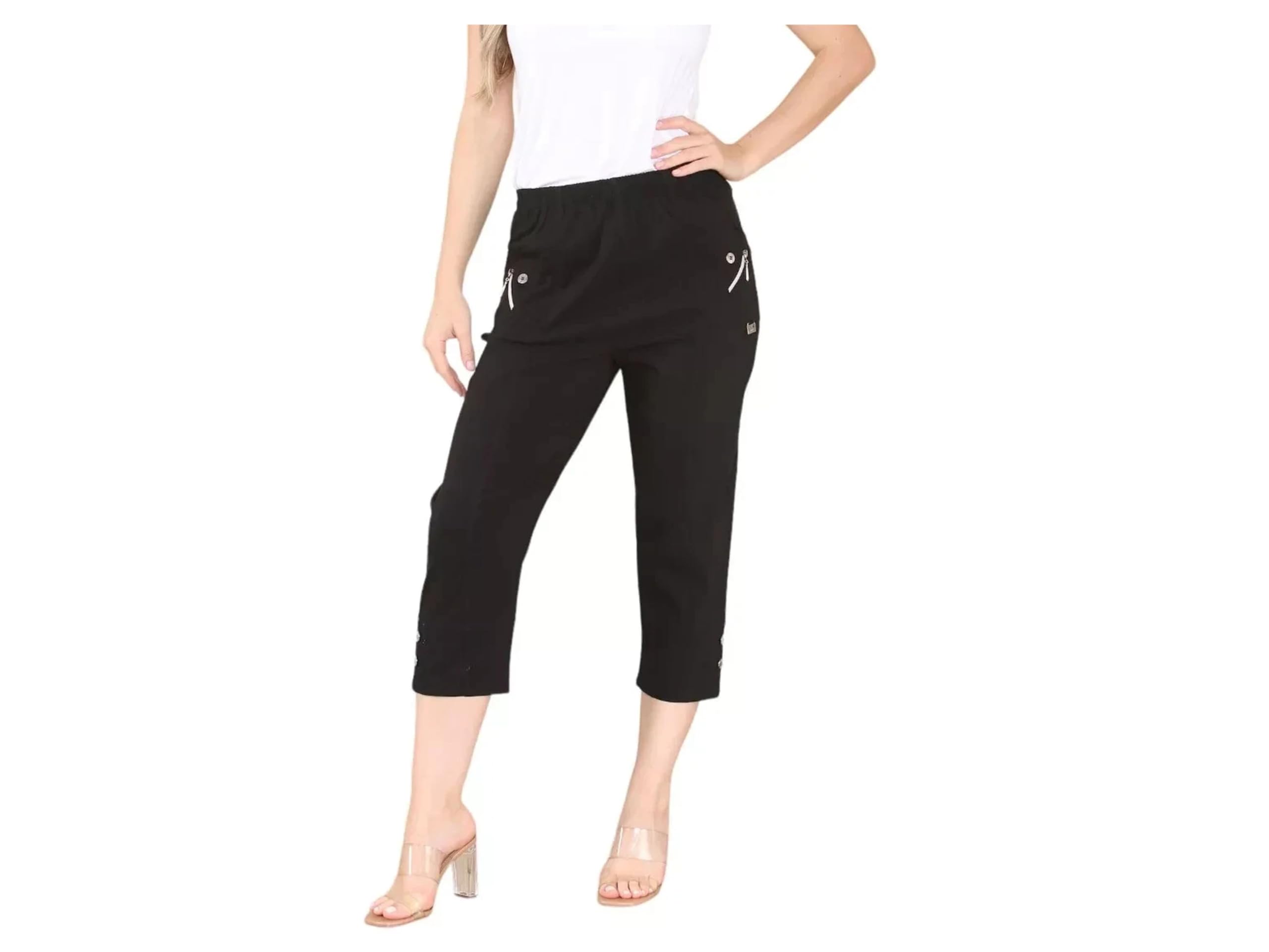 deevan Ladies Cropped Trousers Womens 3/4 Capri Crop Pants Three Quarter Elastiated (as8, Numeric, Numeric_22, Regular, Regular, Black)