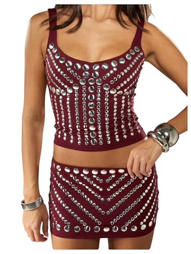 SweatyRocks Womens 2 Piece Outfits Punk Studded Crop Tank Top and Bodycon Mini Skirt Grunge Concert Club Going Out Set Burgundy Medium