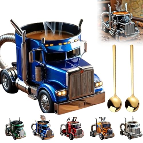 Handcrafted Truck Coffee Mug,Semi-Truck Coffee Mugs,Stainless Steel Creative Truck Coffee Cup,Unique Semi Truck Shaped Coffee Mug Gifts,Semi Trailer Truck Coffee Cup for Trucker (Blue)