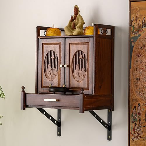 Mesa de meditación con estante de almacenamiento, armario de altar tallado a mano para espacios pequeños, santuario budista para oficina en casa